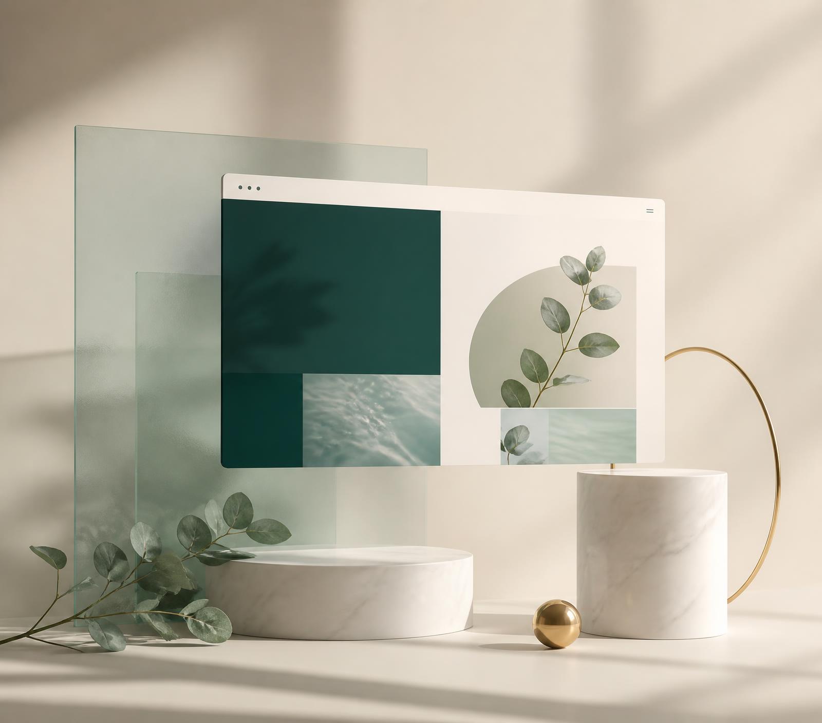 A floating website mockup resting above marble pedestals with translucent aqua glass panels and soft botanical detail.