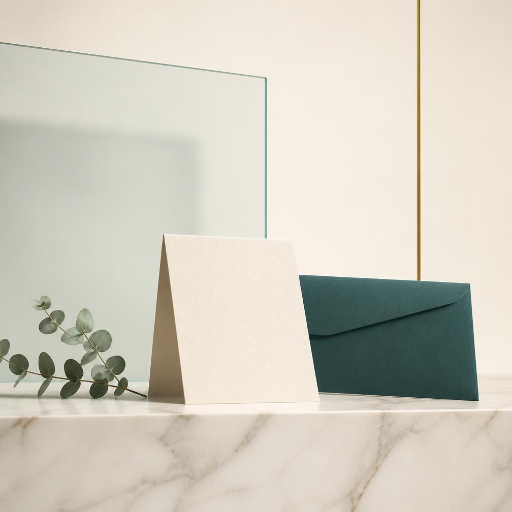 Layered translucent glass cards floating above a marble ledge with a thin gold line and soft botanical shadow.